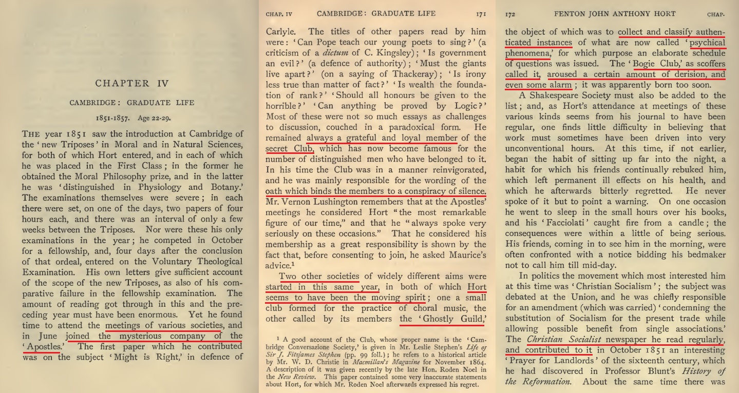 Highlighted scan from Hort volume 1 pages 170–172 showing the secret club oath, conspiracy of silence, and psychical phenomena.