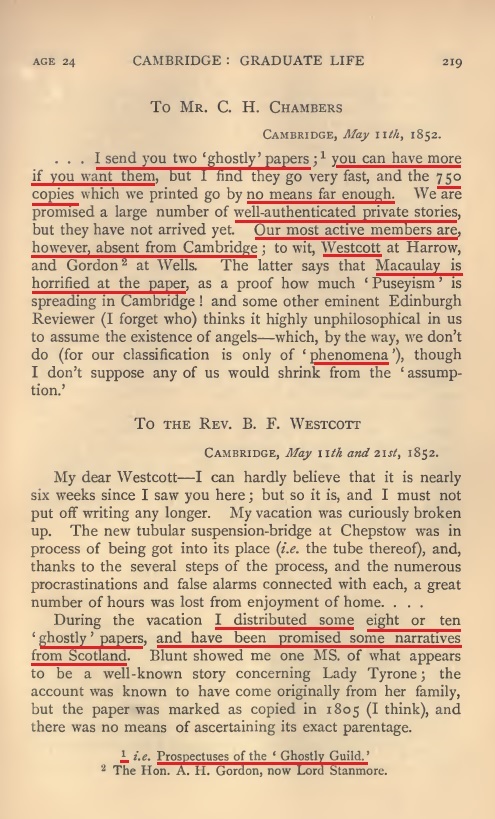 Highlighted page showing Hort referring to 750 copies of ghostly papers and wider circulation.