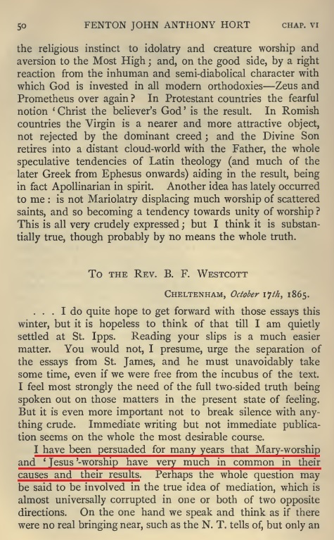 Highlighted scan from Hort volume 2 page 50 discussing Mary-worship and Jesus-worship.
