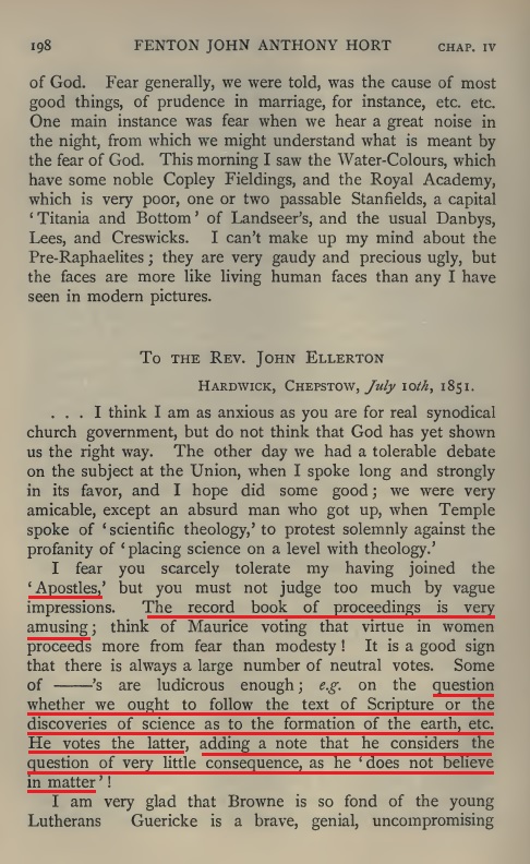 Highlighted scan from Hort volume 1 page 198 about following science rather than Scripture and not believing in matter.