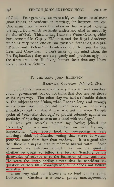 Highlighted scan from Hort volume 1 page 198 about following science rather than Scripture and not believing in matter.