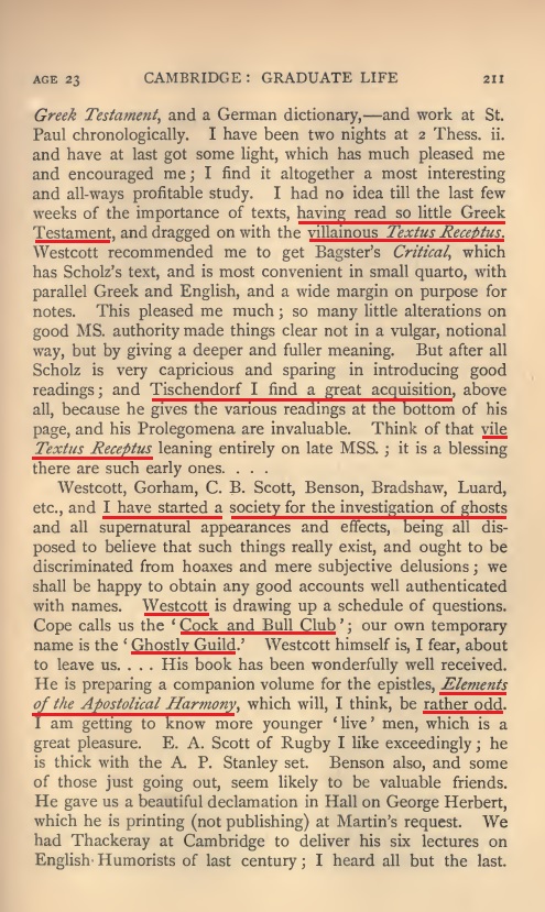 Highlighted scan from Hort volume 1 page 211 mentioning the villainous Textus Receptus and the Ghostly Guild.