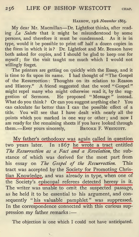 Highlighted page showing Westcott’s orthodoxy called in question.