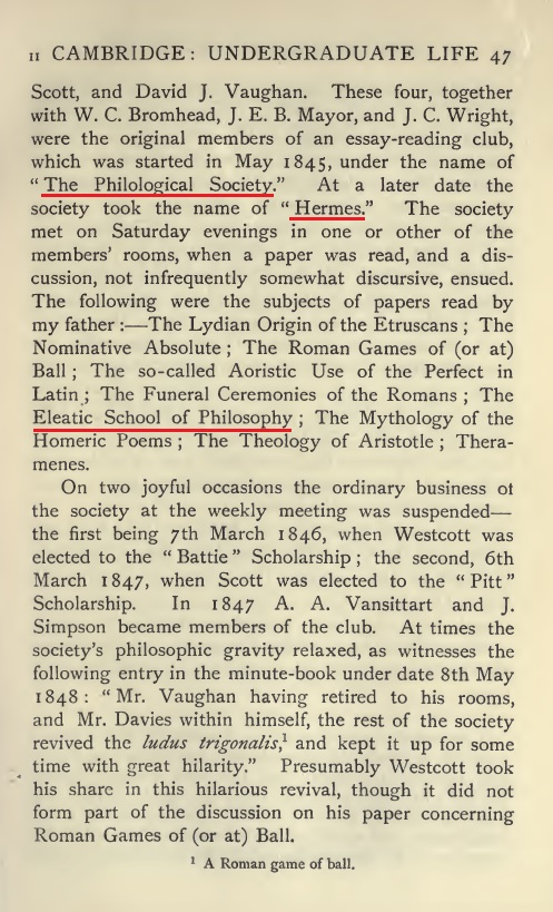 Highlighted page showing the Philological Society taking the name Hermes.