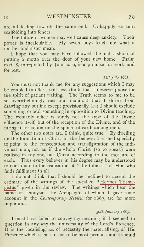 Highlighted scan from Westcott volume 2 page 79 mentioning Hermes Trismegistus.