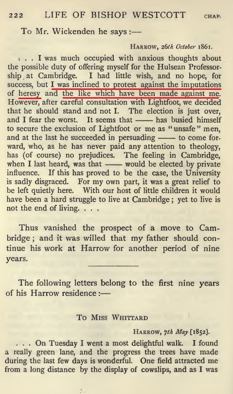 Highlighted page showing Westcott protesting against imputations of heresy and being classed among unsafe men.
